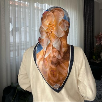 Levidor Desenli Twill İpek Eşarp - Turuncu/Mavi