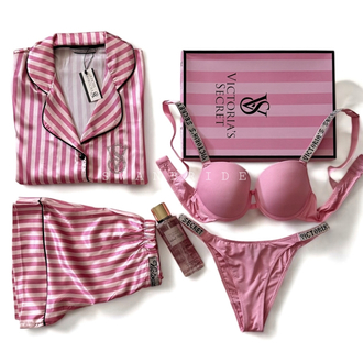 Victoria’s Secret Fuşya Çizgili Kısa Kol Şortlu Saten Tam Set