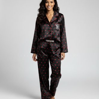 SW0104- Victoria’s Secret Red Heart Uzun Kollu Saten Pijama Takımı