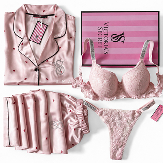 VS Pudra Kırmızı Kalpli Saten Uzun Kollu Pijama Seti