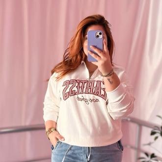 Yakası fermuarlı yazılı sweat