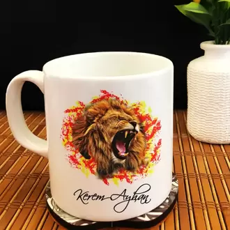 Sarı Kırmızı Aslan (Kişiye Özel tasarım İsim Yazılabilir.) Beyaz Kupa