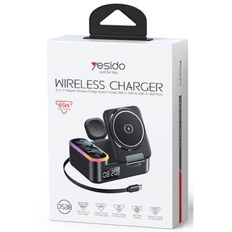 Yesido DS38 8in1 Katlanabilir Dijital Saat Göstergeli 65W Kablosuz Şarj Destekli