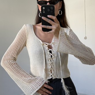 Kroşe Örgü 70s Önden Korsajlı Crop Bluz