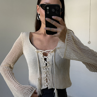 Kroşe Örgü 70s Önden Korsajlı Crop Bluz
