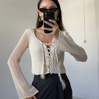 Kroşe Örgü 70s Önden Korsajlı Crop Bluz