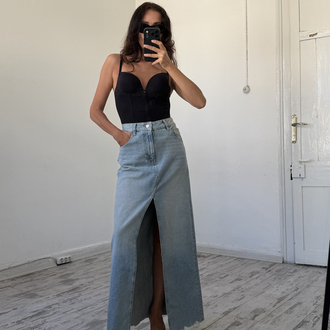 Yırtmaç Detaylı Sıfır Ürün Maxi Boy Denim Etek
