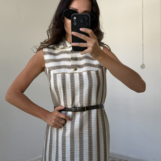 %100 Viscose Dokuma Kemer Detaylı Antika 70s Elbise