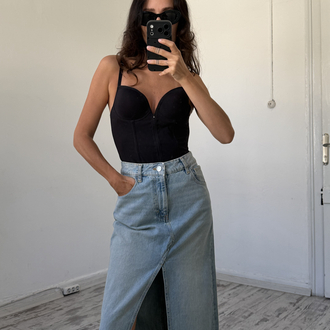 Yırtmaç Detaylı Sıfır Ürün Maxi Boy Denim Etek