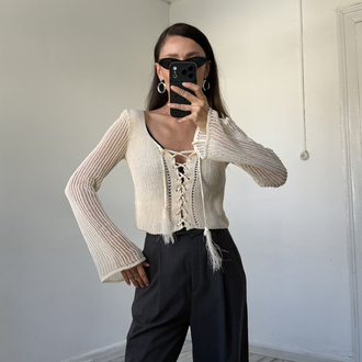 Kroşe Örgü 70s Önden Korsajlı Crop Bluz