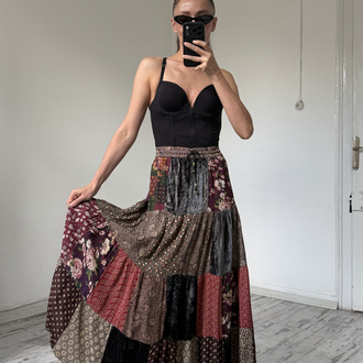 Full Power Paris Fransız %100 Viscose ve Kadife Patchwork Etek