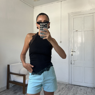 Alman Üretim Pöti Kareli Fransız Piknik Şort
