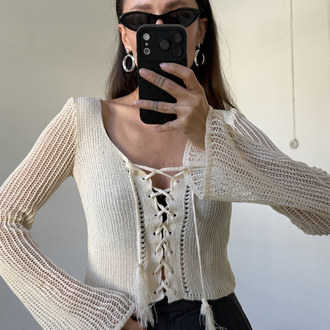 Kroşe Örgü 70s Önden Korsajlı Crop Bluz
