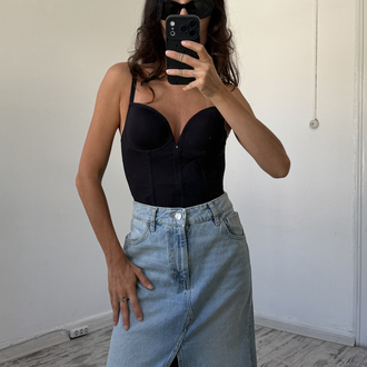 Yırtmaç Detaylı Sıfır Ürün Maxi Boy Denim Etek
