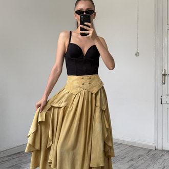 %100 İtalyan Viscose Frill Detaylı Midi Etek