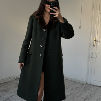 Gerçek Mink Yaka Kürklü %100 Yün Woolmark Sertifikalı Kaşe Kaban