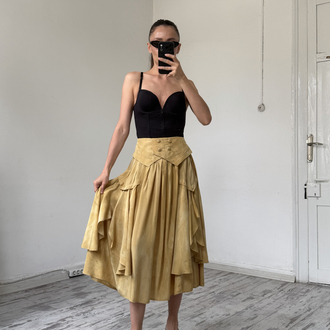 %100 İtalyan Viscose Frill Detaylı Midi Etek
