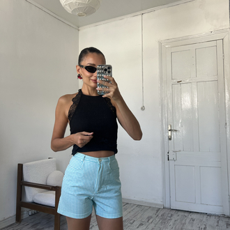 Alman Üretim Pöti Kareli Fransız Piknik Şort