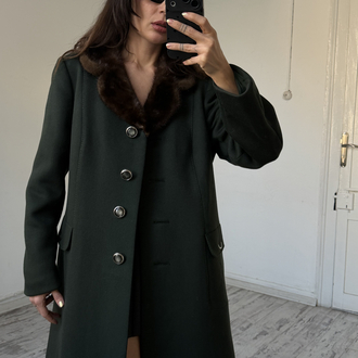Gerçek Mink Yaka Kürklü %100 Yün Woolmark Sertifikalı Kaşe Kaban