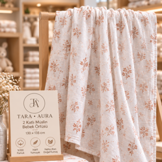 TARA AURA %100 Pamuk 2 Kat Müslin Bebek Örtüsü – 130×135 cm