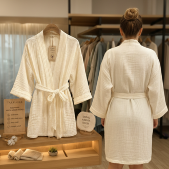 Wellness %100 Pamuk 4 Katlı Müslin Kimono – Yoga, Spa, Plaj ve Günlük Kullanım