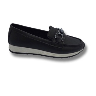 Kadın Siyah Taşlı Tokalı Comfort Loafer Ayakkabı, Rahat Taban, Düz Kadın Babet Ayakkabı
