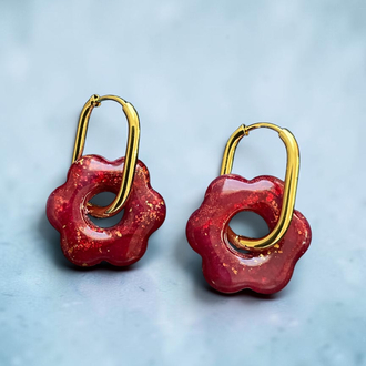 Bordo mini çiçek Çelik Halkalı Küpe