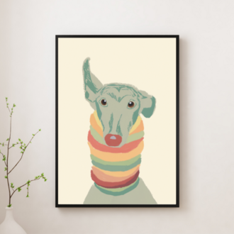 Renkli Atkılı Köpek İllüstrasyon | Modern Minimalist Duvar Dekoru (Dijital İndirme)