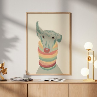 Renkli Atkılı Köpek İllüstrasyon | Modern Minimalist Duvar Dekoru (Dijital İndirme)