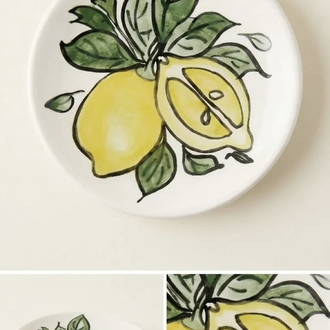 El Boyaması Limon Desenli Seramik Tabak