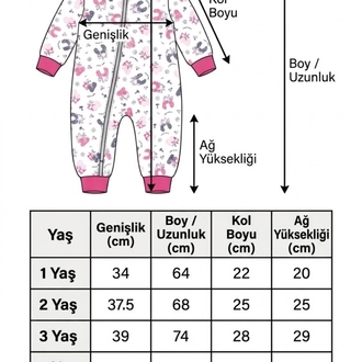 Kız Çocuk Uyku Tulumu 1,5 Tog Fermuarlı Uzun Kollu Desenli Uyku Tulumu 1-6 Yaş