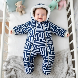Unisex Bebek Lacivert, Desenli İçi Peluşlu Kapşonlu Çift Fermuarlı Kışlık Mont Tulum