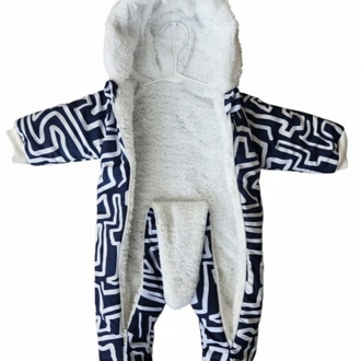 Unisex Bebek Lacivert, Desenli İçi Peluşlu Kapşonlu Çift Fermuarlı Kışlık Mont Tulum