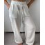 Beli Lastikli Bol Paça Pantolon Beyaz Keten Görünümlü