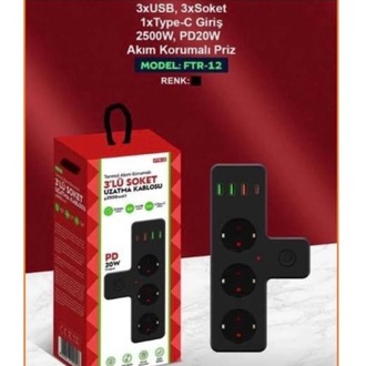 THE WLUE 3'lü Akım Korumalı Priz Çoğaltıcı 2500W 3xUSB 2.4A 1xType-C