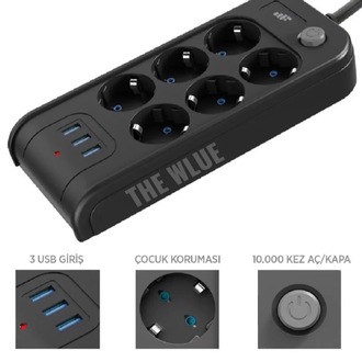 THE WLUE Çoklu 6'lı Priz Akım Korumalı 3xUSB 3.4A 2500 Watt 2 Metre Uzatma Kablosu