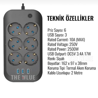 THE WLUE Çoklu 6'lı Priz Akım Korumalı 3xUSB 3.4A 2500 Watt 2 Metre Uzatma Kablosu