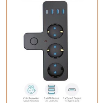 THE WLUE 3'lü Akım Korumalı Priz Çoğaltıcı 2500W 3xUSB 2.4A 1xType-C
