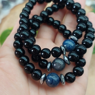 10 mm Küre Kesim Safir Taşlı Oniks(8 mm) ve Hematitli Bileklikler