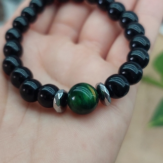 10 mm Küre Kesim Yeşil Kaplan Gözü Taşlı, Oniks(8 mm) ve Hematitli Bileklik