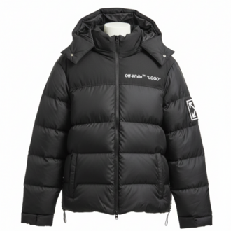 Off-White™ İkonik Ok Logo Kapüşonlu Şişme Mont - Siyah & Siyah Beyaz