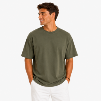 Erkek Tam Oversize Kalıp Kalın Dokulu %100 Organik Pamuk Bisiklet Ribana Yakalı Haki T-Shirt