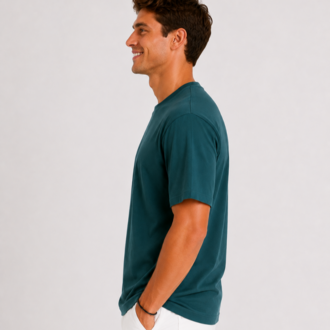 Erkek Tam Oversize Kalıp Kalın %100 Pamuk Bisiklet Ribana Yakalı Petrol Yeşili T-Shirt