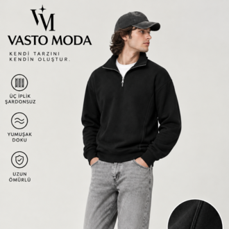 Vasto Moda Erkek Oversize Kalın Dokulu 3 İplik Şardonsuz Bisiklet Yakalı Basic Yarım Fermua
