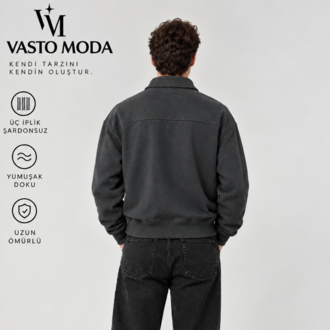 Vasto Moda Erkek Oversize Kalın Dokulu 3 İplik Şardonsuz Bisiklet Yakalı Basic Yarım Fermua