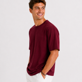 Erkek Oversize Kalın Dokulu %100 Organik Pamuk Bisiklet Ribana Yakalı Bordo T-Shirt