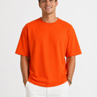 Erkek Oversize Kalın Dokulu %100 Organik Pamuk Bisiklet Ribana Yakalı Turuncu T-Shirt