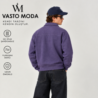 Vasto Moda Erkek Oversize Kalın Dokulu 3 İplik Şardonsuz Bisiklet Yakalı Basic Yarım Fermua