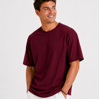 Erkek Oversize Kalın Dokulu %100 Organik Pamuk Bisiklet Ribana Yakalı Bordo T-Shirt