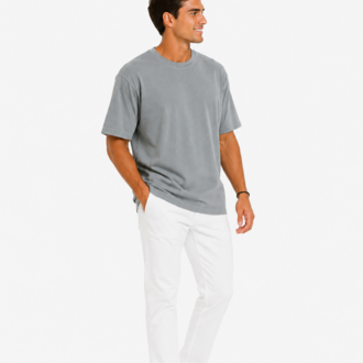 Erkek Tam Oversize Kalıp Kalın Dokulu %100 Pamuk Bisiklet Ribana Yakalı Açık Gri T-Shirt